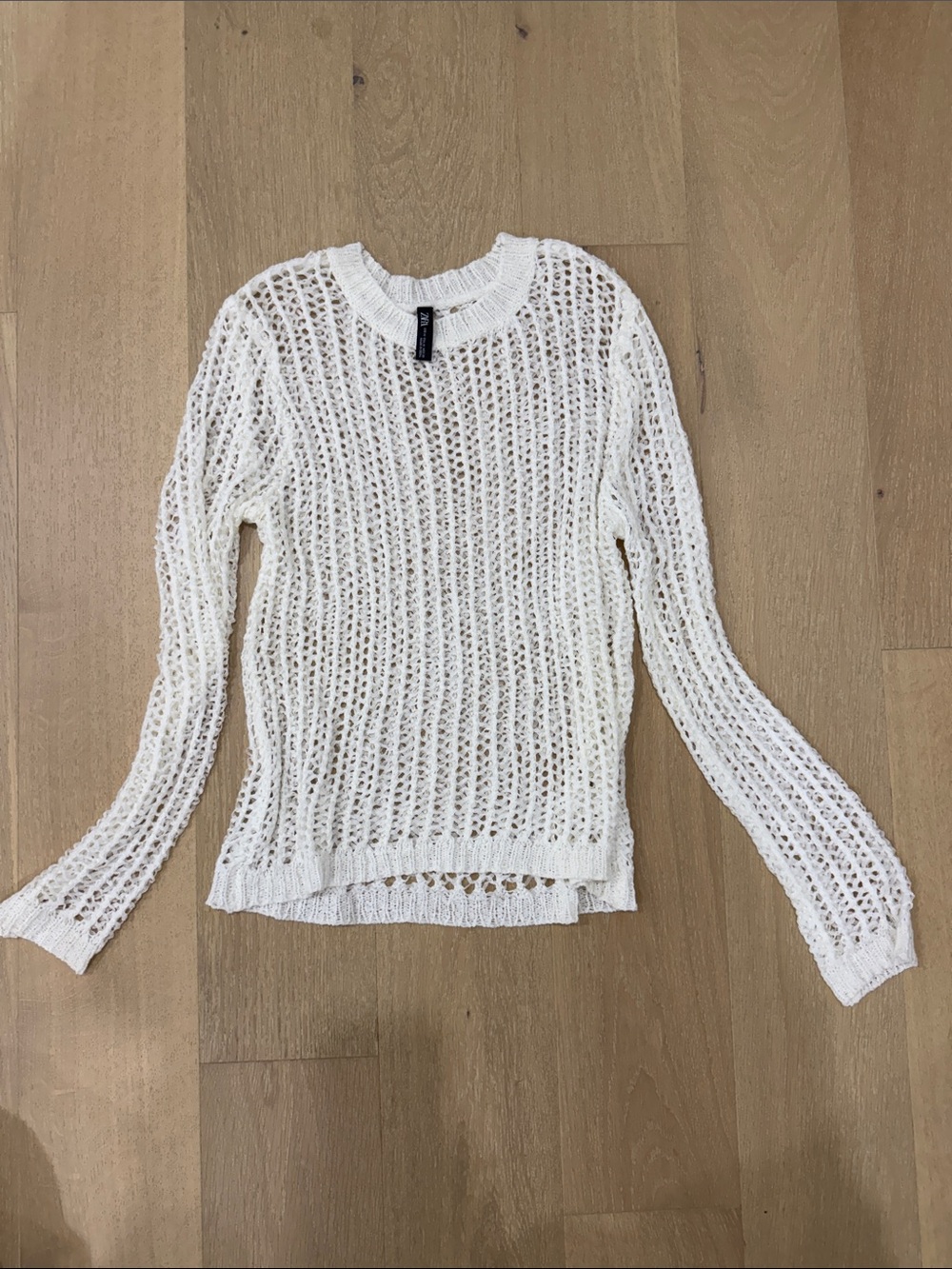 Zara White Open-Knit Crew Neck Sweater